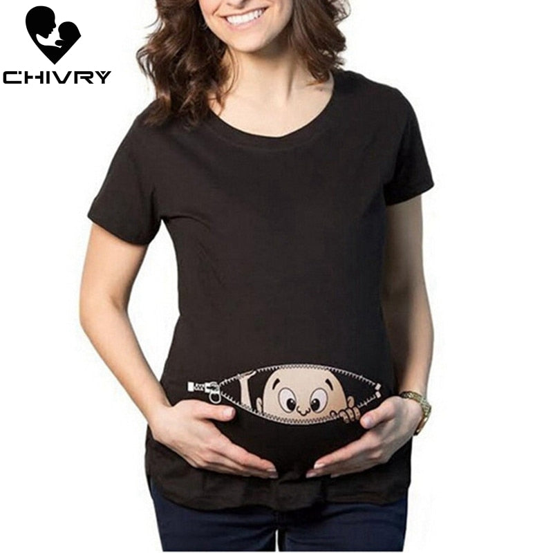 Chivry Maternity T Shirt Women Summer Casual Cute Cartoon Baby Print O-neck Short Sleeve Pregnancy Mama Shirts Pregnant Tops