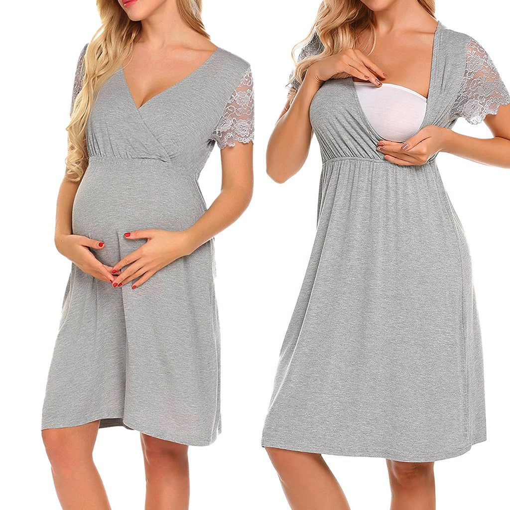 Women Dress Pregnant Nursing Top Nightgown Summer Pregnancy Dresses Lace Splice Maternity Dress For Feeding vestido embarazada